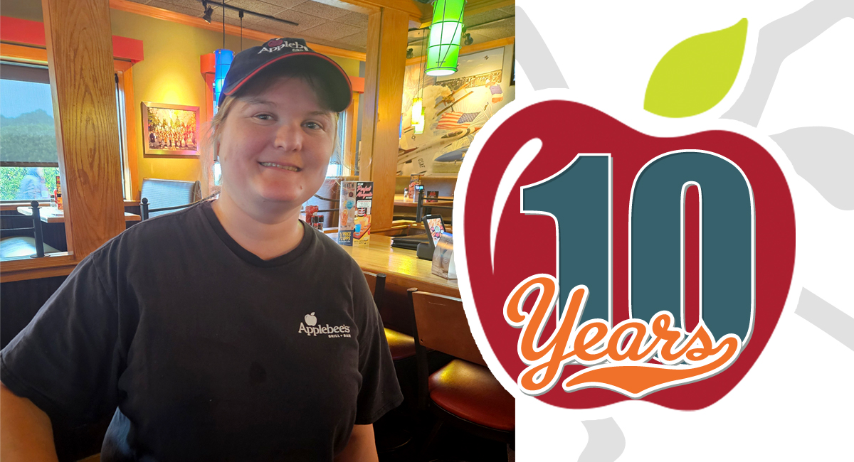 Leah, an employee with disabilities in Rhode Island, celebrates 10 years of success at Applebees with support from Perspectives Supported Employment Services.